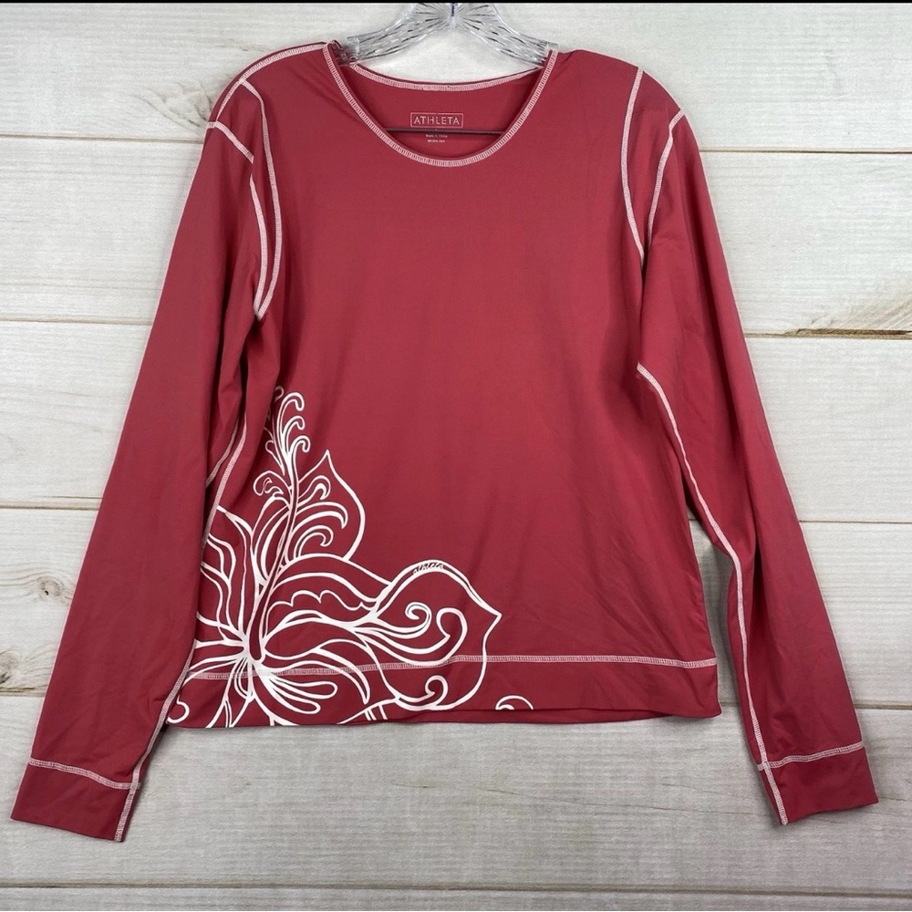 Athleta Rash Guard Top Womens L Pink Floral Long Sleeve Stretch Beach Pool Activ